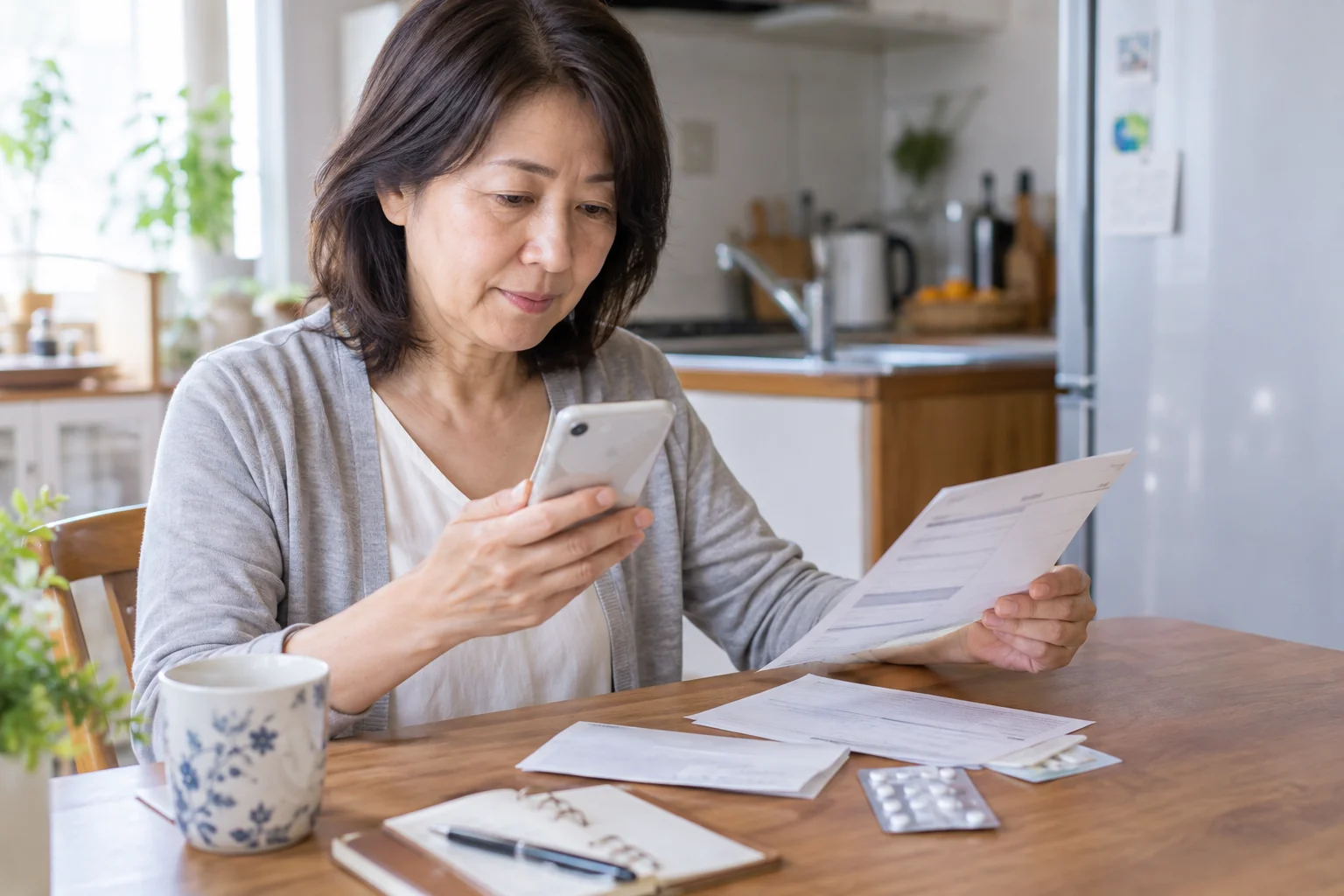 50代の日本人女性が自分の受診予定を確認している