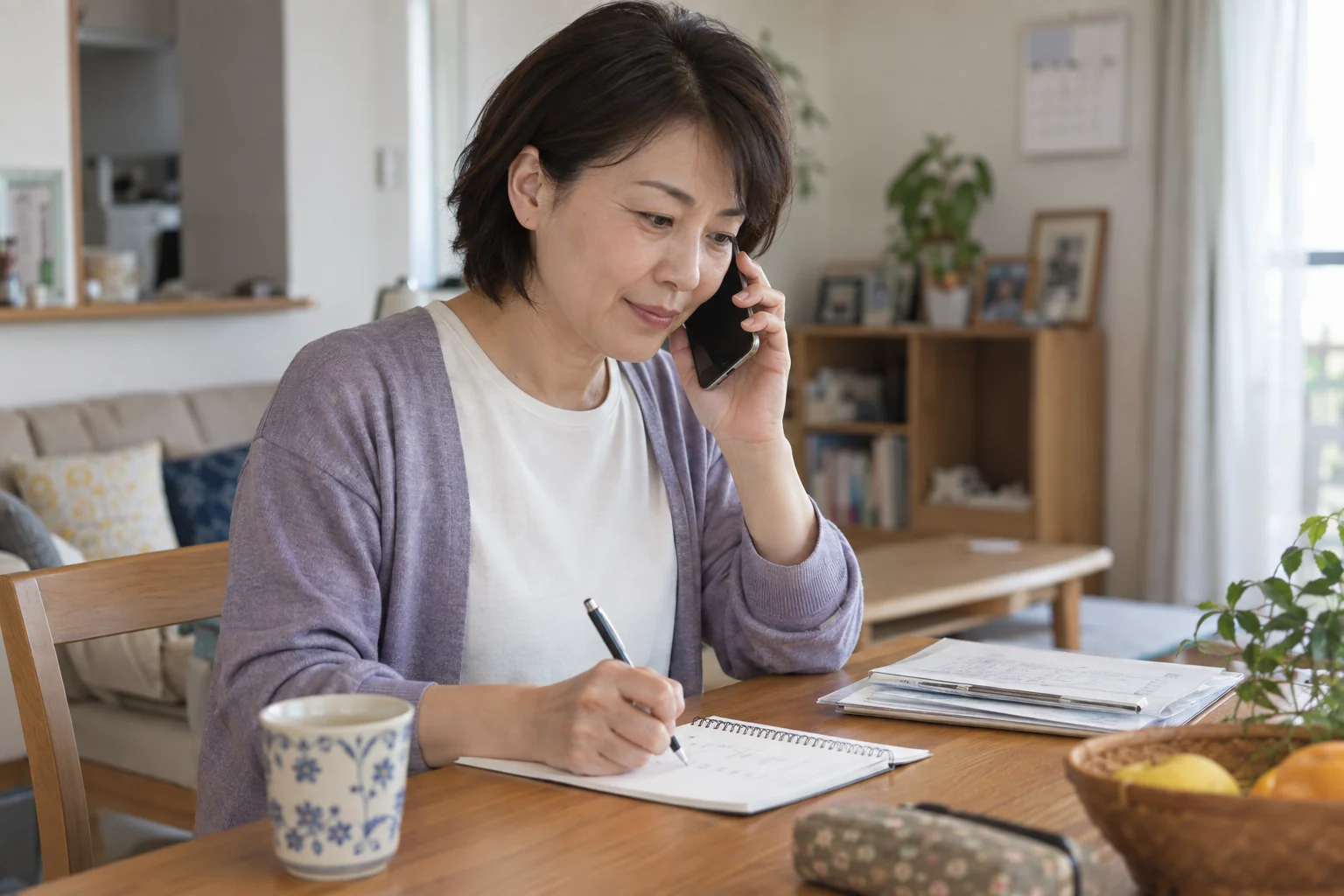 50代の日本人女性が親と電話し希望する支援をメモしている