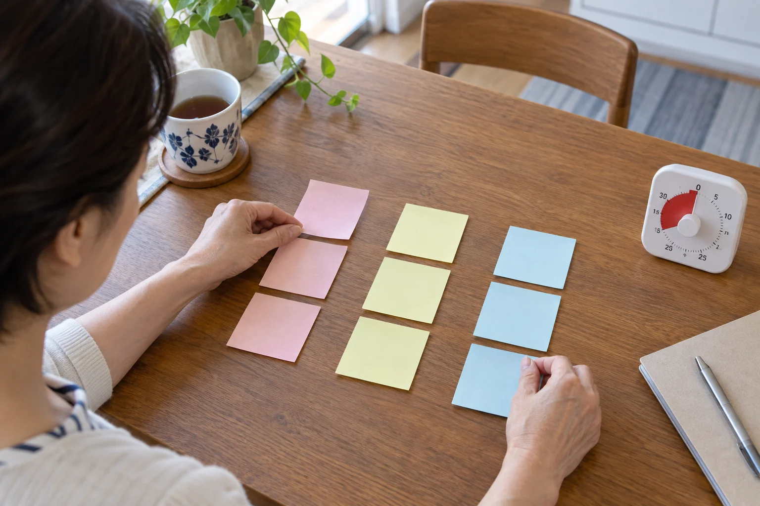 50代の日本人女性が付箋を三つの期限に分けている