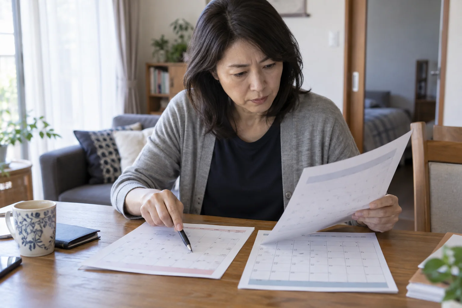 50代の日本人女性が仕事と親の通院予定を照らし合わせている