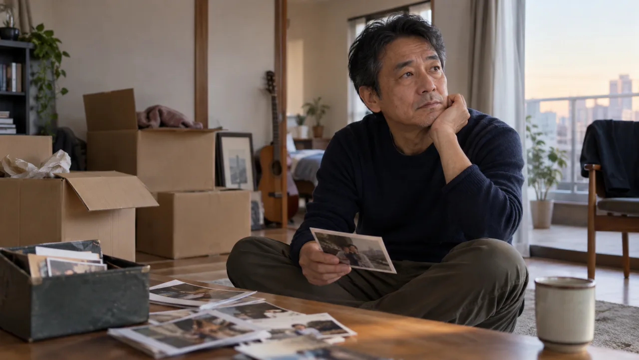 日本人の50代男性が地図とノートを前に自分の暮らしと地域との距離を考えている様子