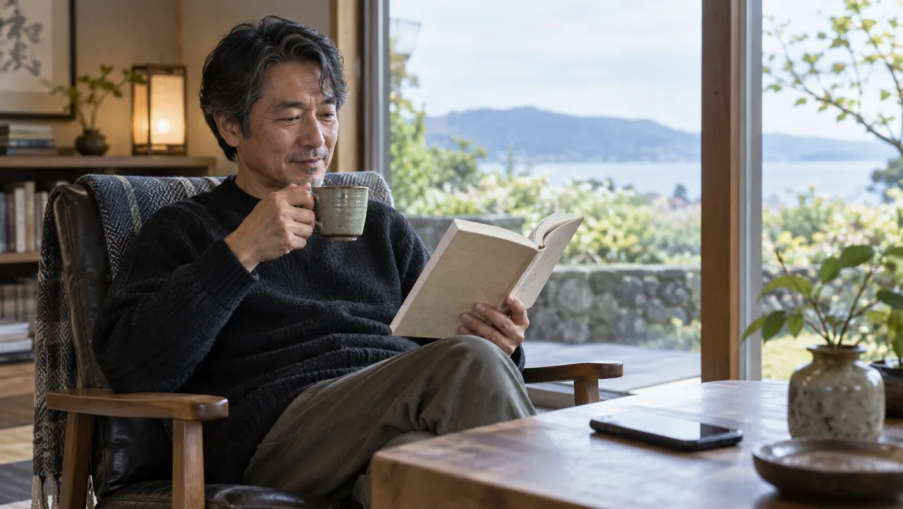 日本人の50代男性が引っ越し後の部屋で写真を見ながら人間関係の変化を振り返っている様子