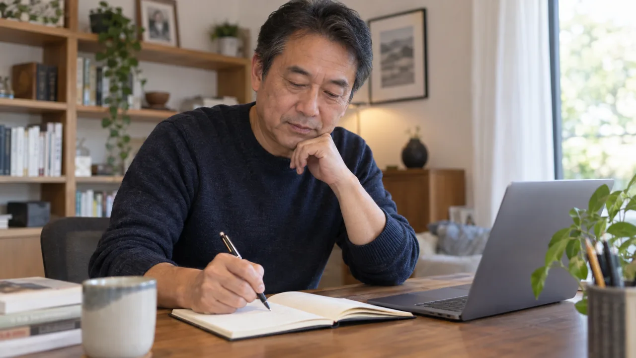 日本人の50代男性が自宅で本を読みながら一人の時間を穏やかに過ごしている様子