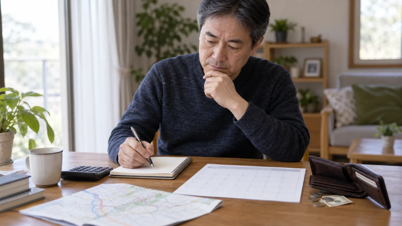 日本人の50代男性が地域の小さな集まりで二人の参加者と穏やかに会話している様子