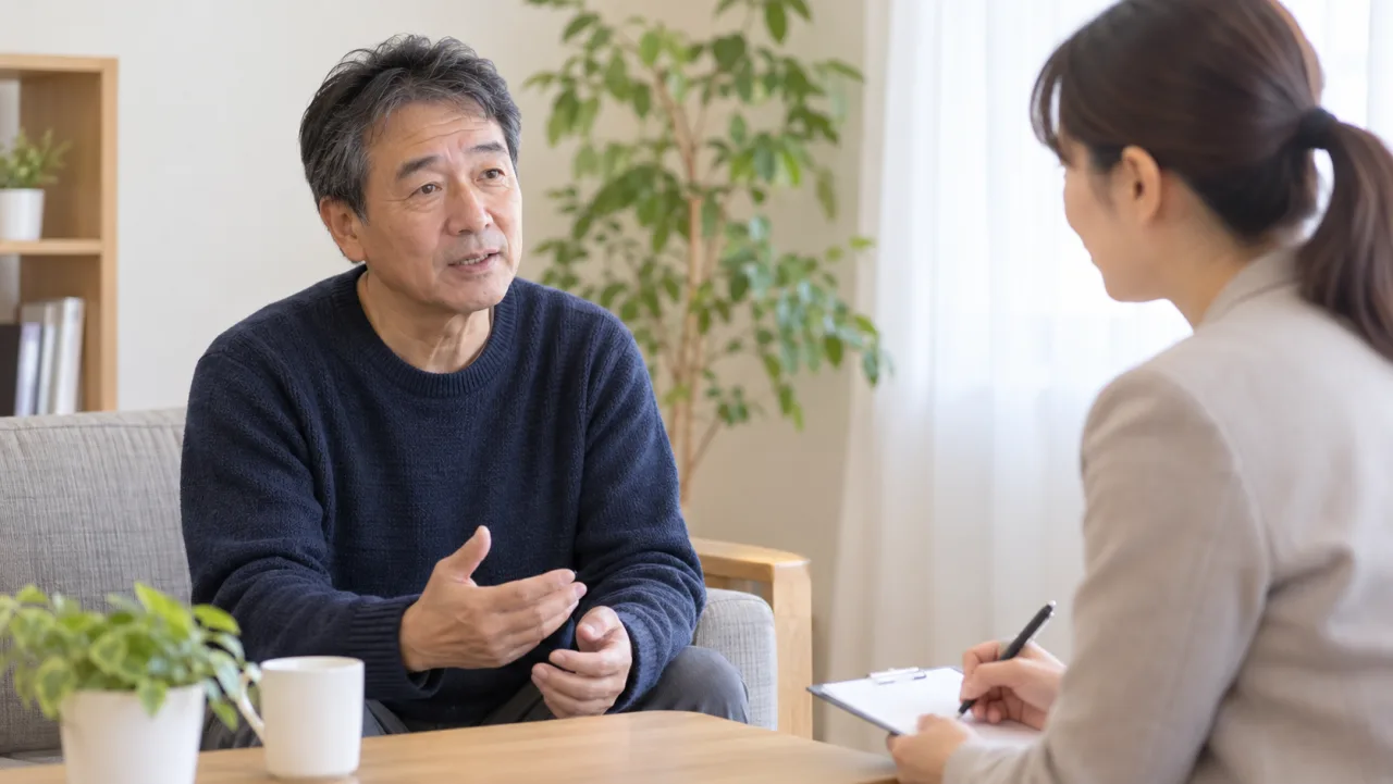日本人の50代男性が地域の相談員に暮らしの悩みを落ち着いて話している様子