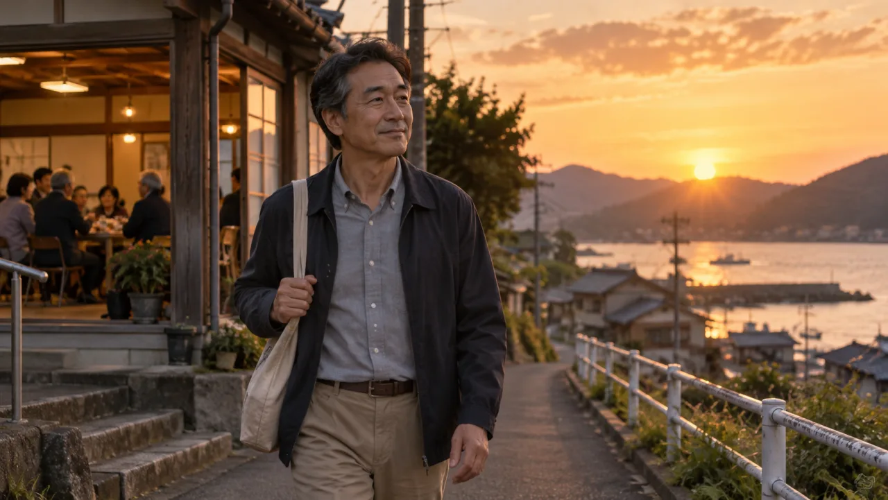 日本人の50代男性が地域の集まりから帰る道を穏やかな表情で歩いている様子