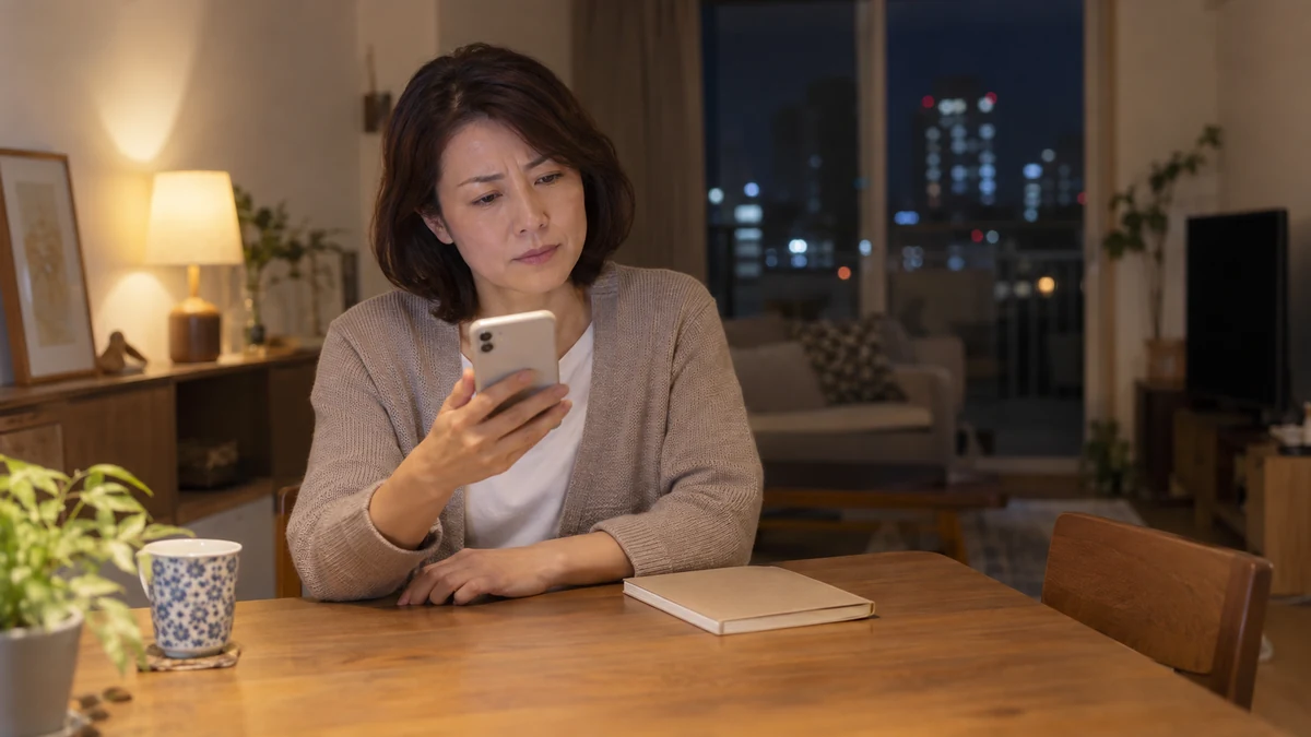夜の自宅で貯金額を検索し、数字の違いに立ち止まる40代女性の編集イメージ