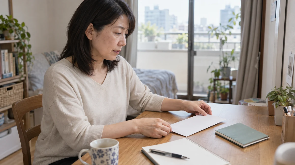 賃貸の書類と手元のノートを確認し、家賃の支払時期を整理する40代女性の編集イメージ