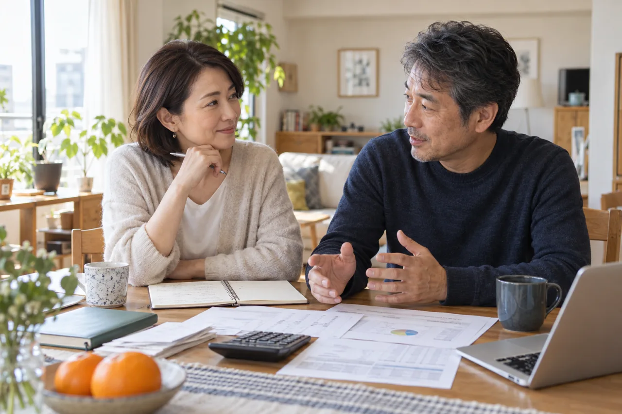 自宅のテーブルで生活設計を話し合う日本人のカップル