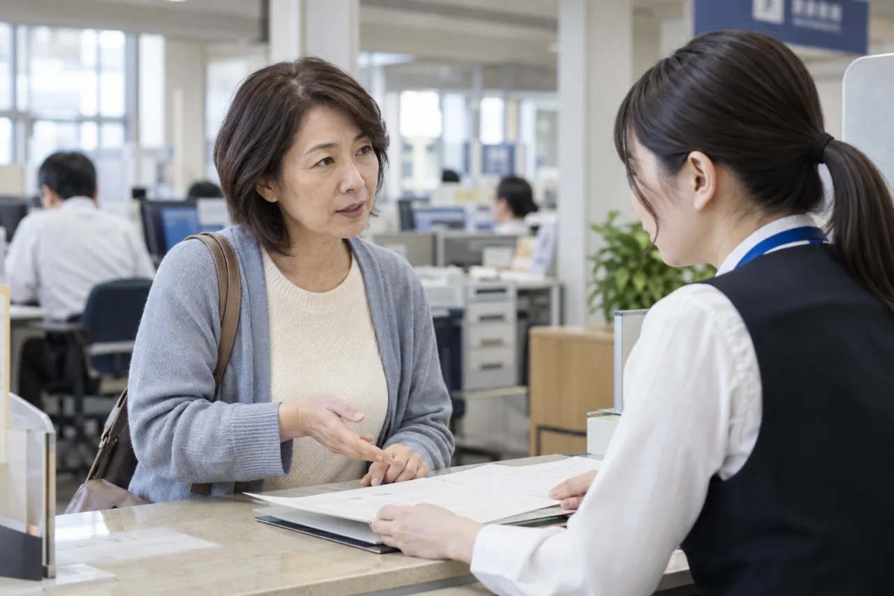 自治体の相談窓口で制度について質問する日本人女性