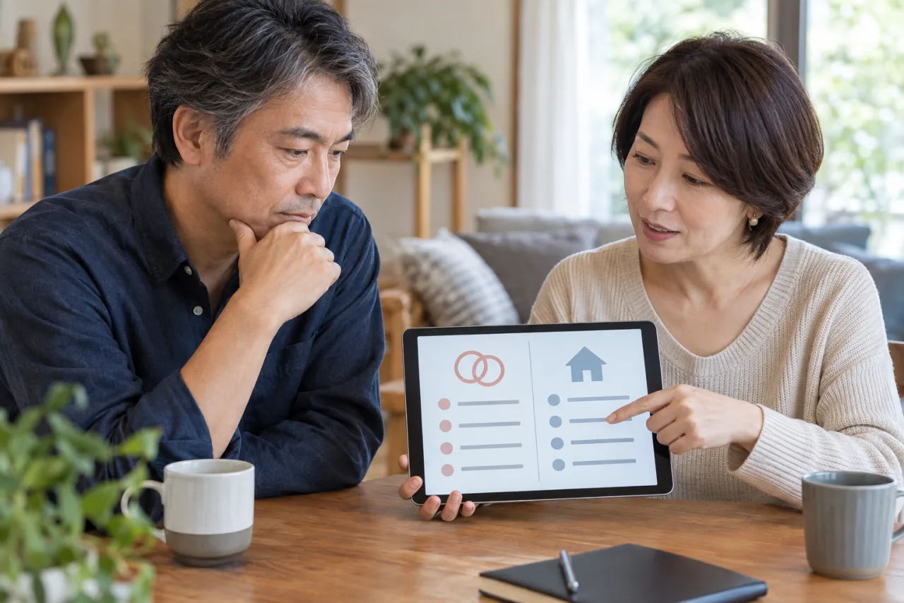 法律婚と事実婚の違いをタブレットで比較する日本人のカップル