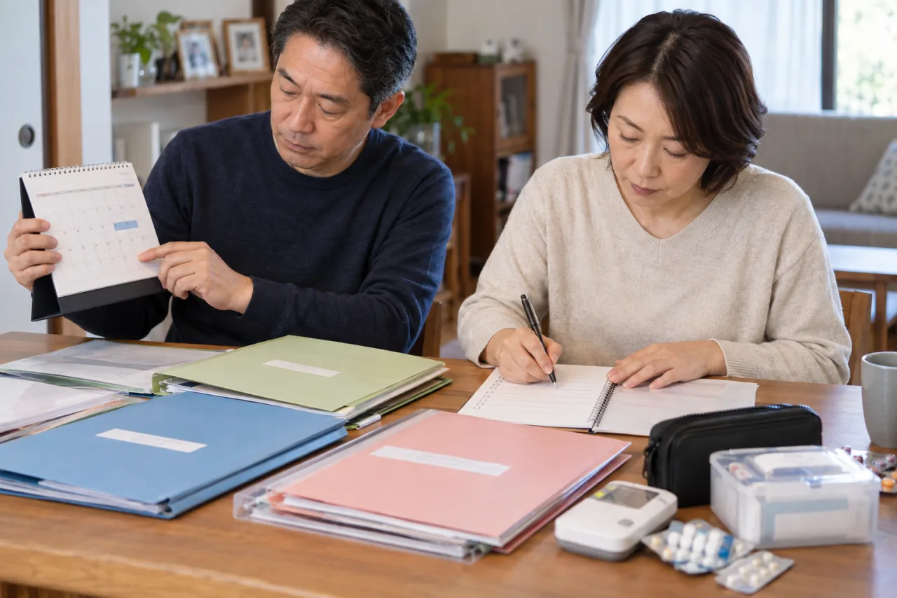 家庭の書類と予定を整理する日本人のカップル