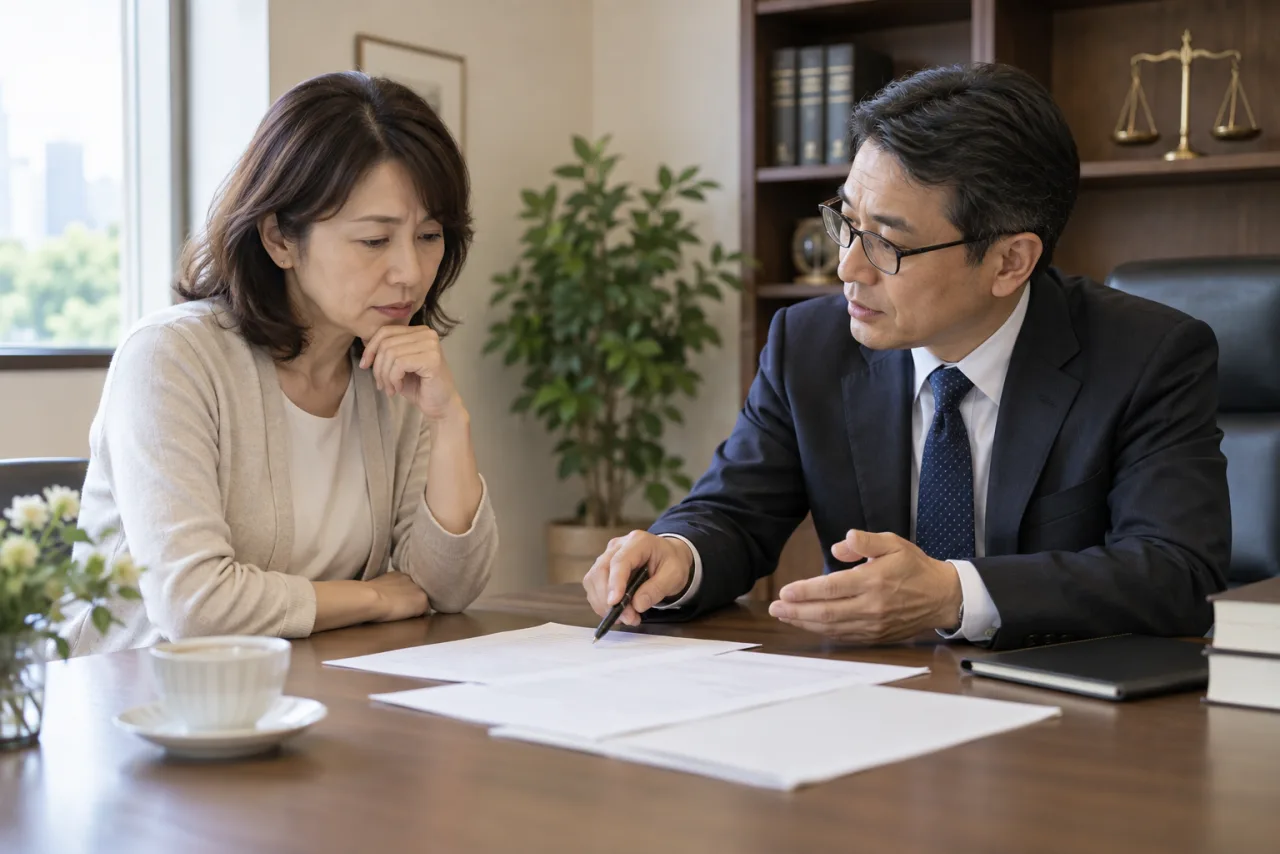 相続や将来の書類を専門家と相談する日本人女性