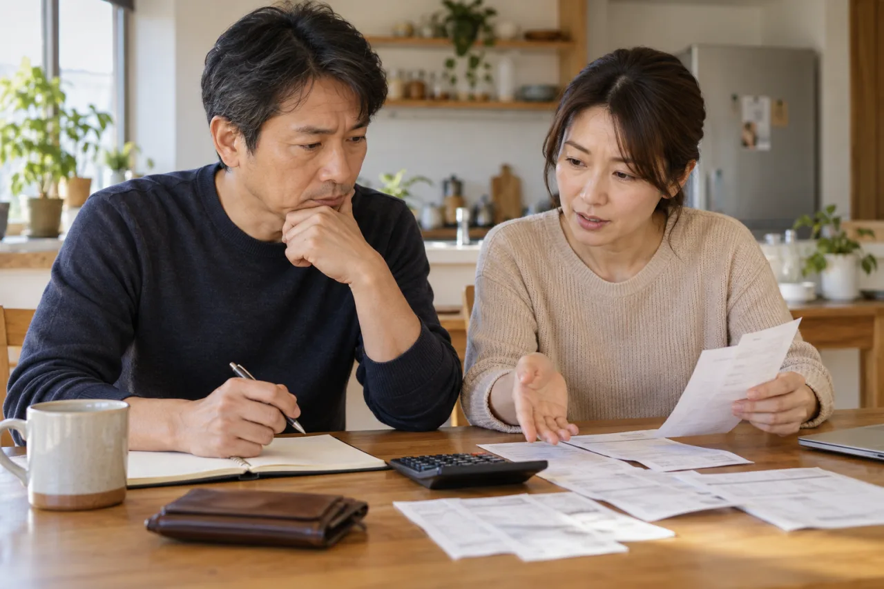 生活費と家計の分担を話し合う日本人のカップル