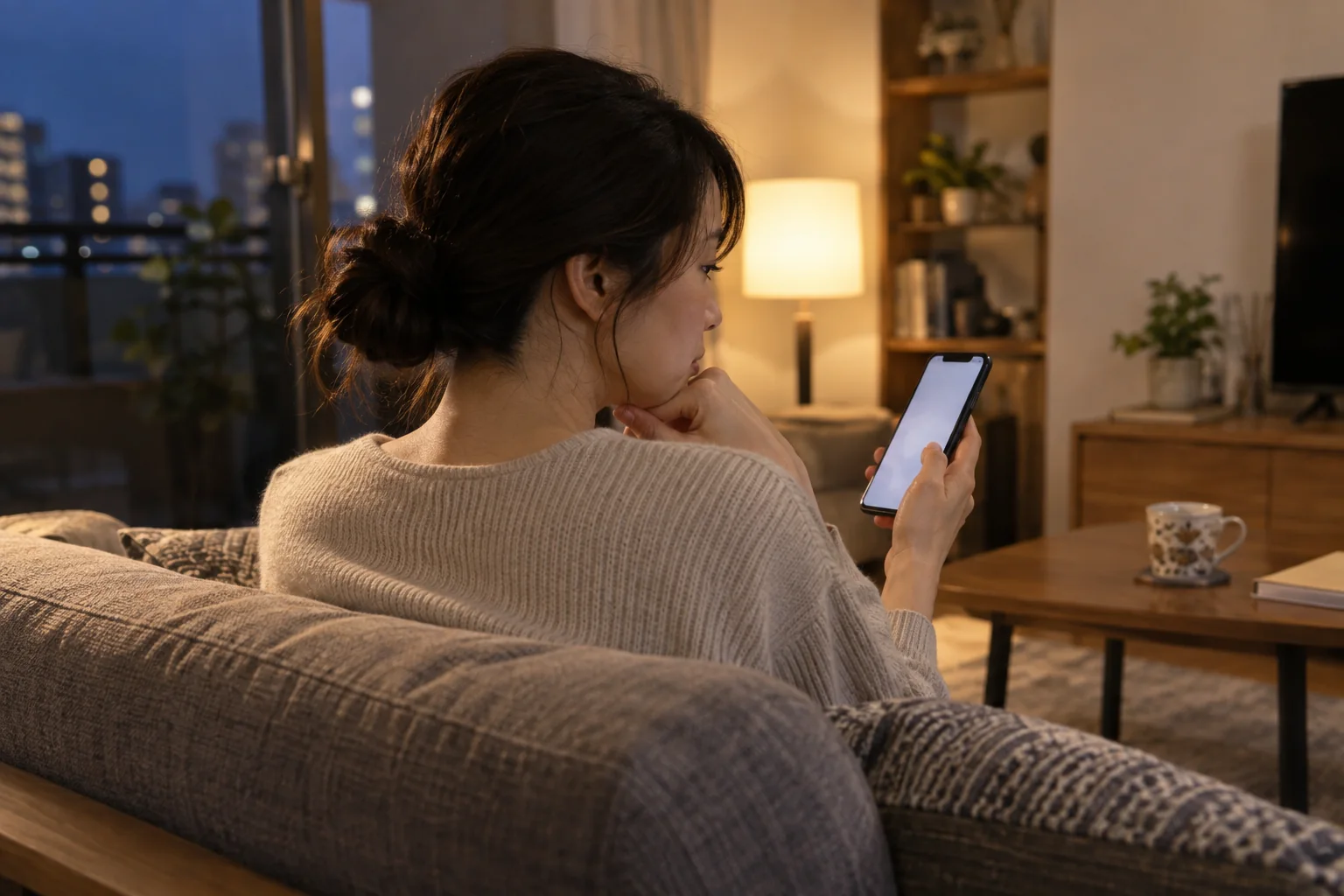 夜の一人暮らしの部屋でニュースを見て考える日本人女性の編集イメージ
