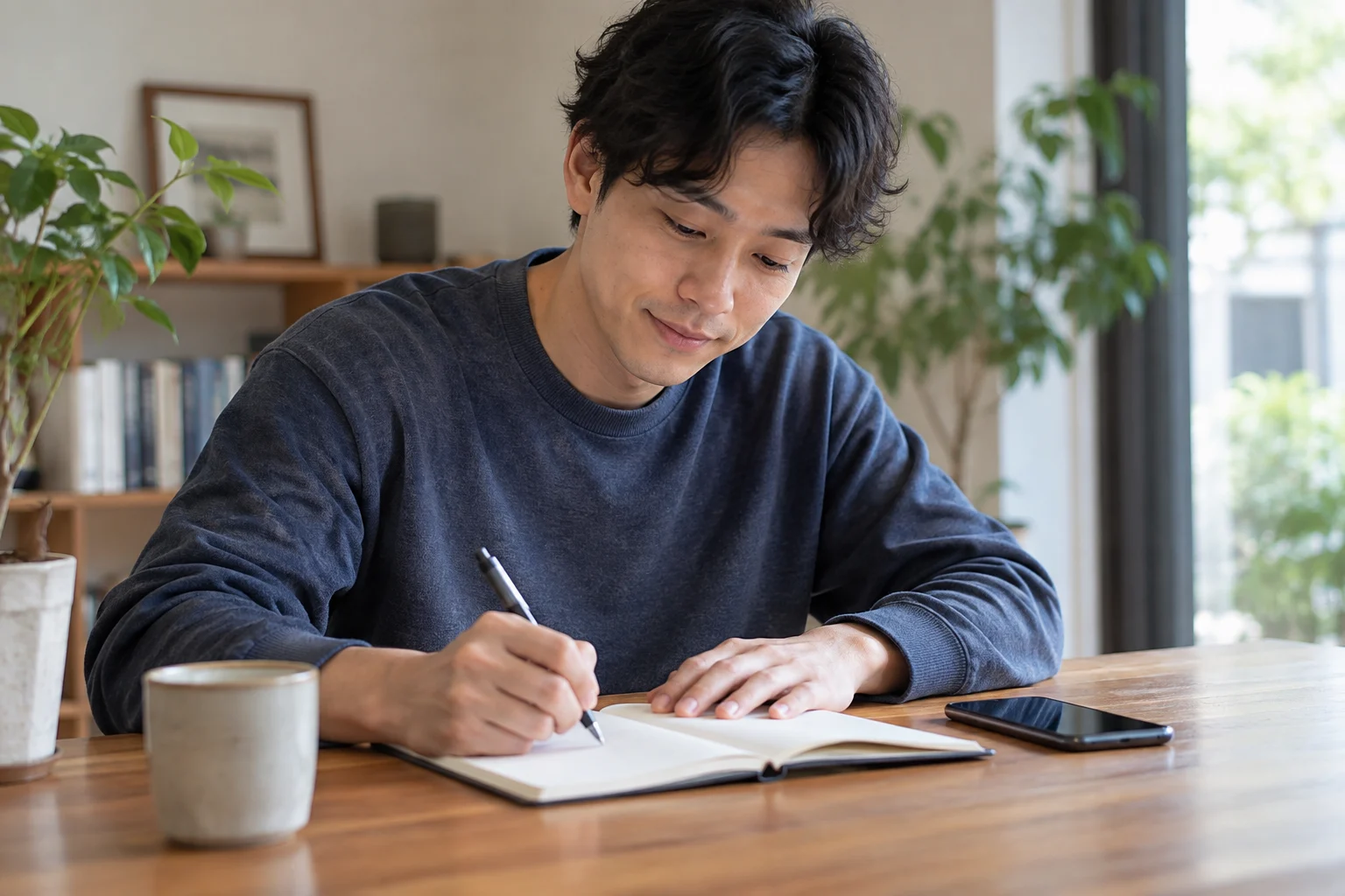 健康のために今日できる一つの行動をノートに書く日本人男性