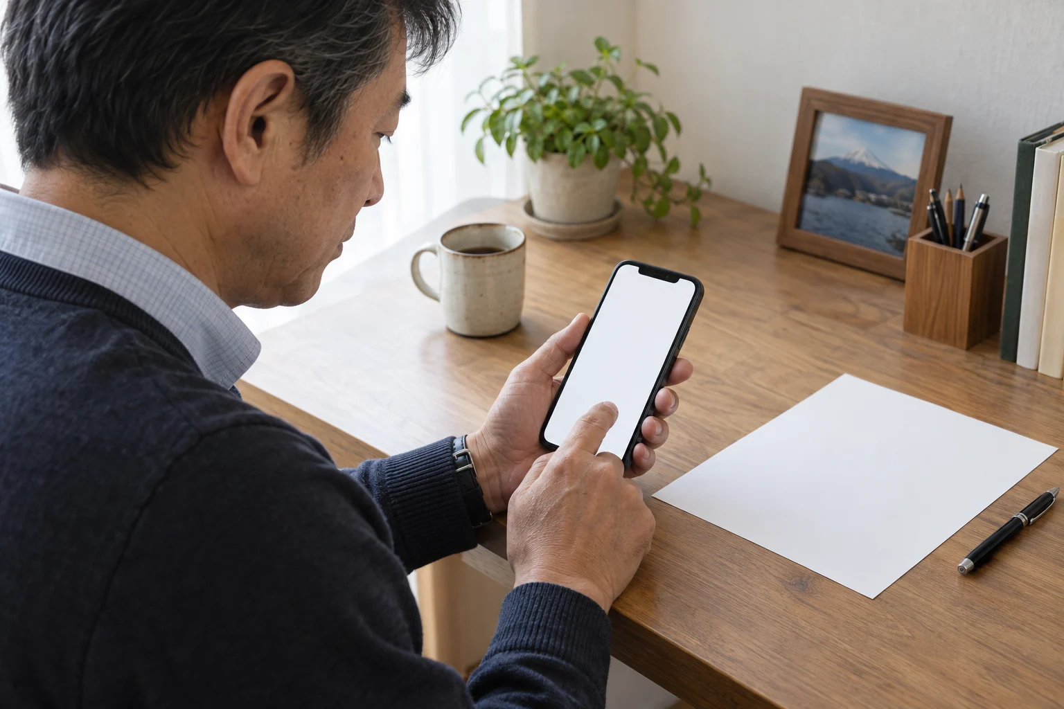 スマートフォンの予定表に健康診断の再検査予定を登録する日本人男性