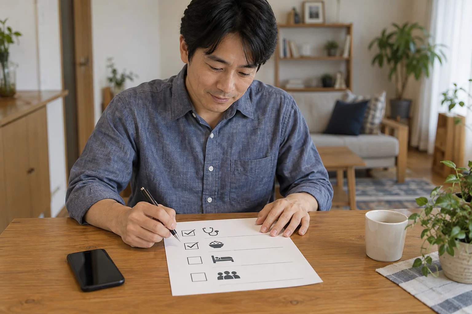 健診と食事と睡眠と連絡先のチェックリストを確認する日本人男性