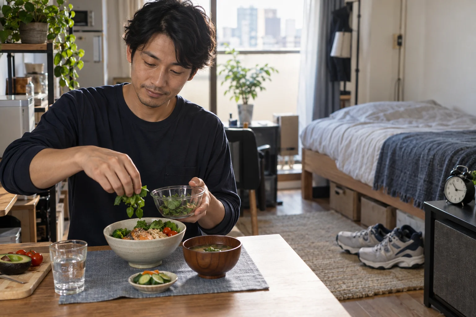 一人暮らしの日本人男性が簡単な食事と睡眠と散歩の習慣を整える様子