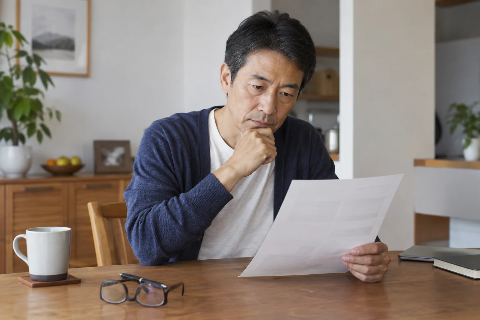 健康診断の結果を確認する日本人の一人暮らし男性