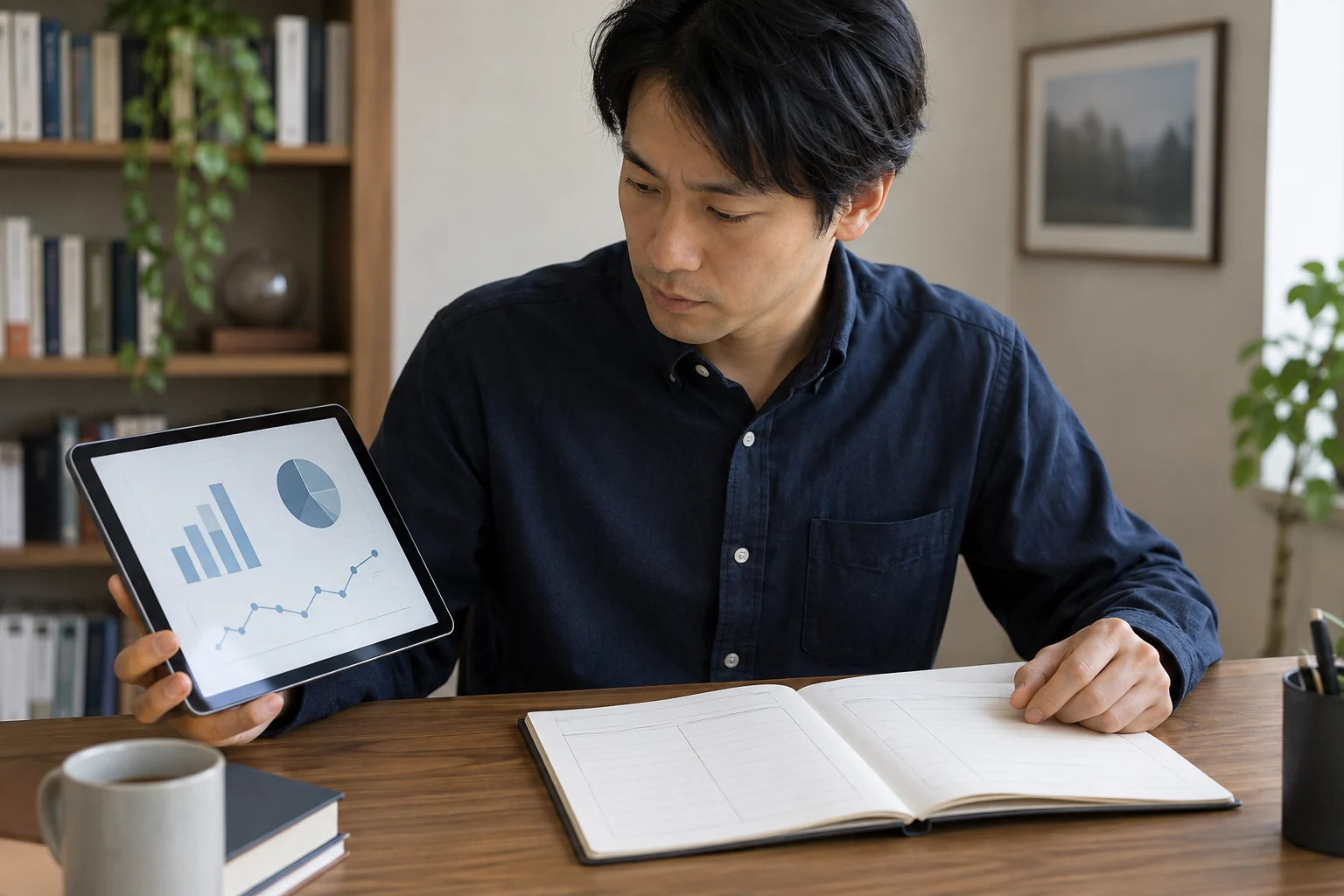 男女別の平均余命と配偶関係の定義を確認するノートとタブレット