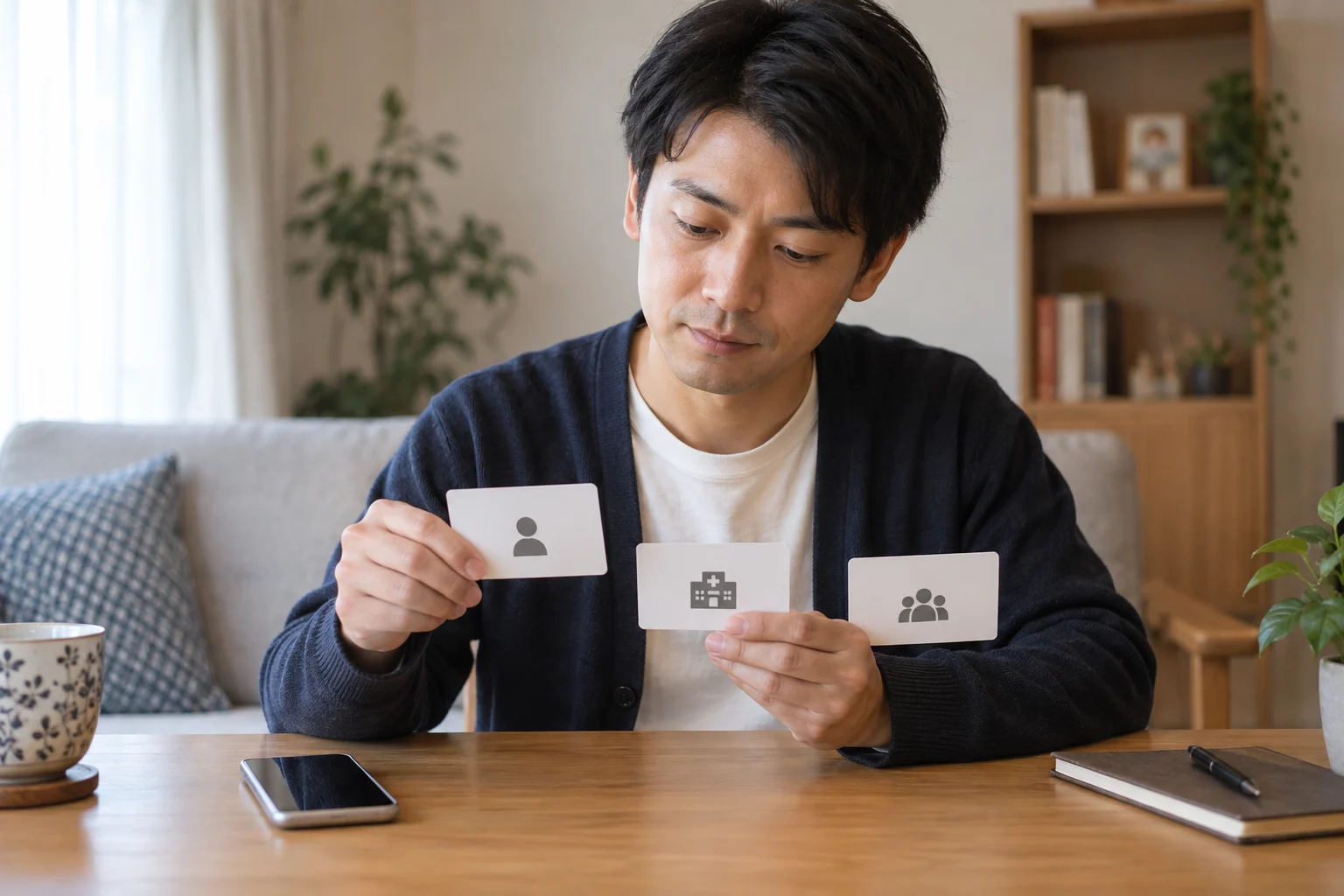 友人と医療機関と地域の窓口を連絡先として整理する日本人男性