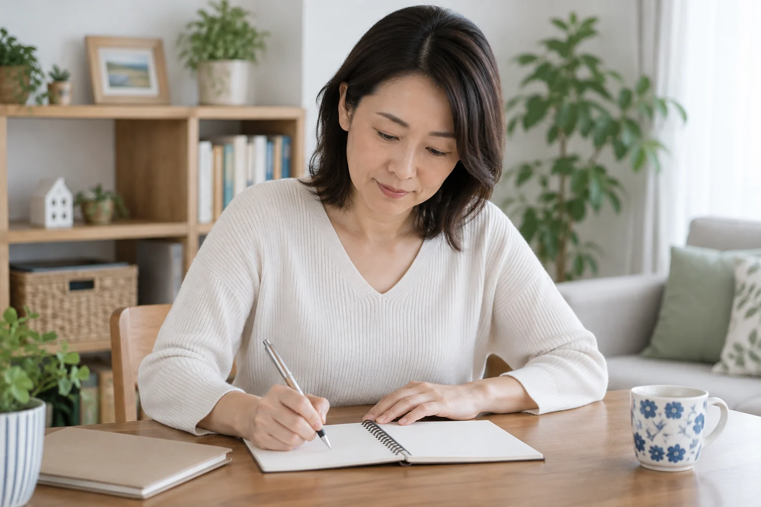 市役所に確認する質問をノートに書き出す日本人女性