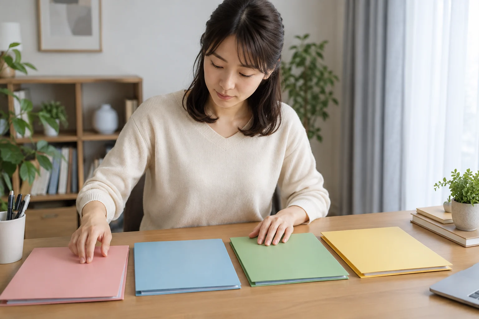 税金や健康保険や年金を分けた無地のファイルを整理する日本人女性