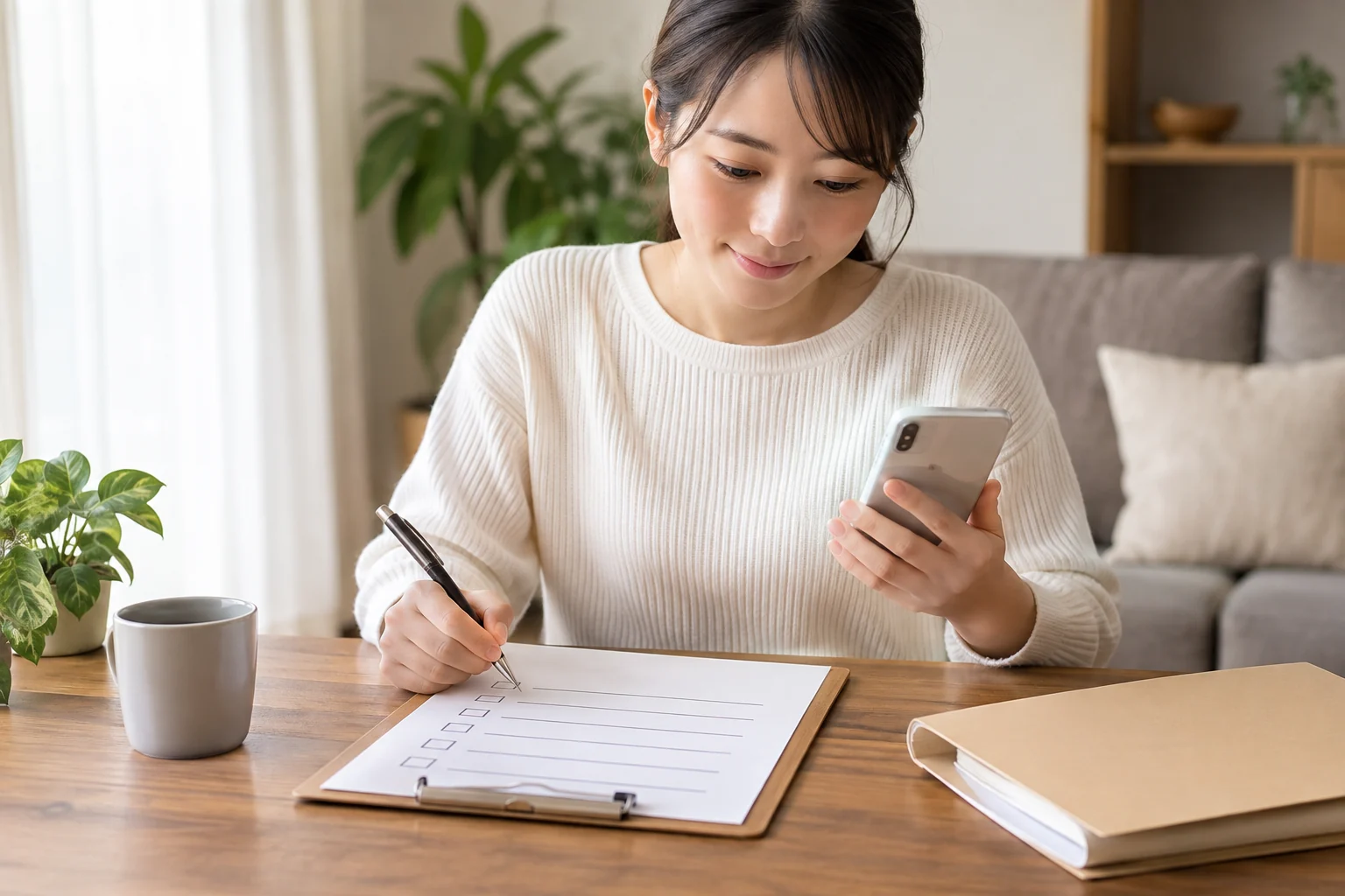 市役所へ連絡する前にチェックリストを確認する日本人女性