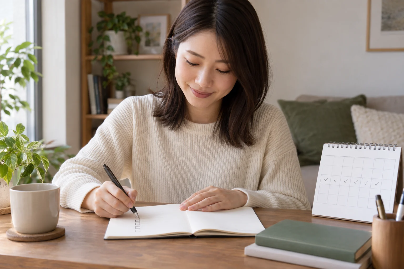 一週間の確認予定をノートに整理する日本人女性