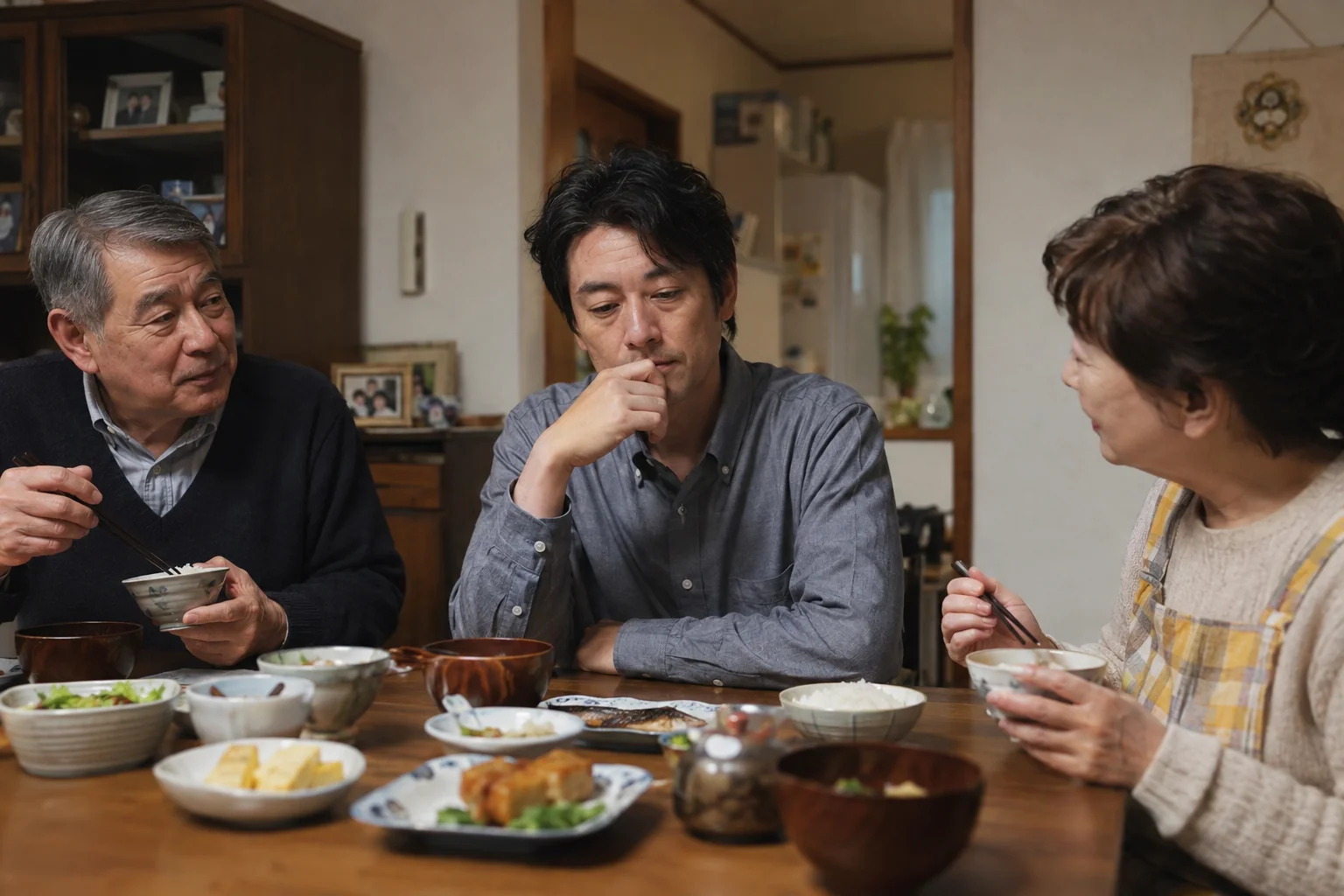親族の食卓で言葉を受け、考え込む日本人男性