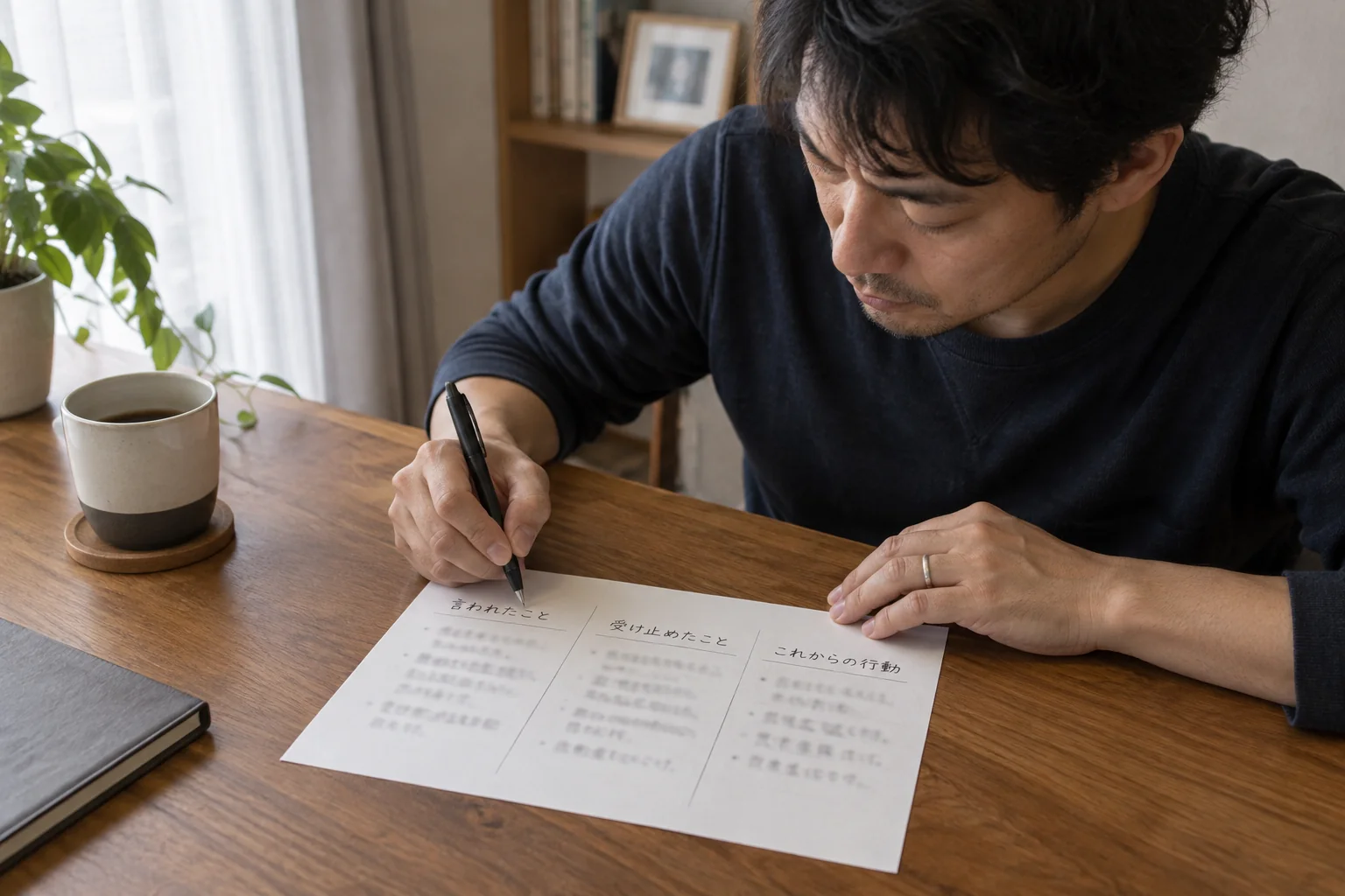 言われたことと受け止め方、次の行動を分けて紙に書く男性