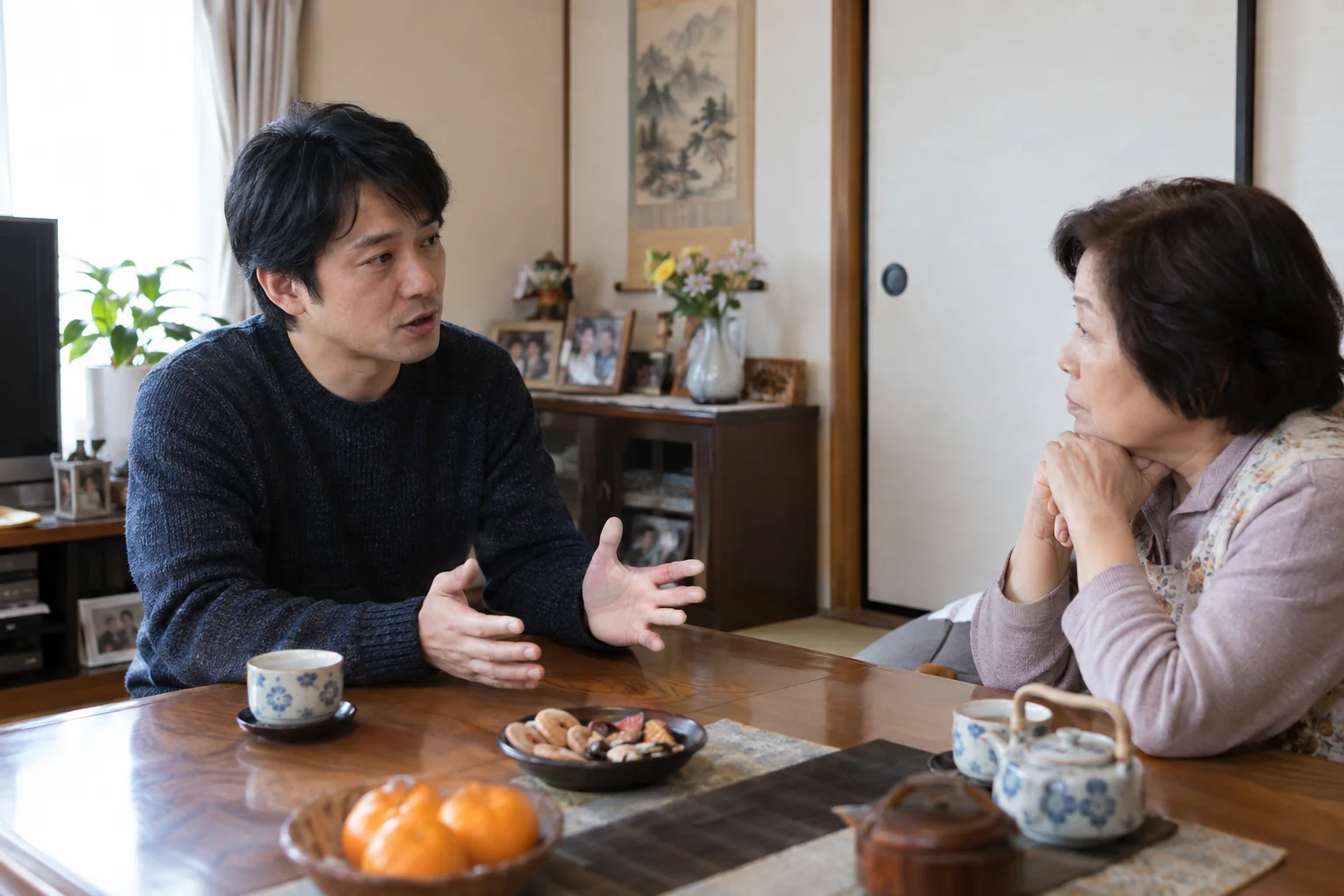 母親に落ち着いて自分の気持ちと会話の境界線を伝える男性