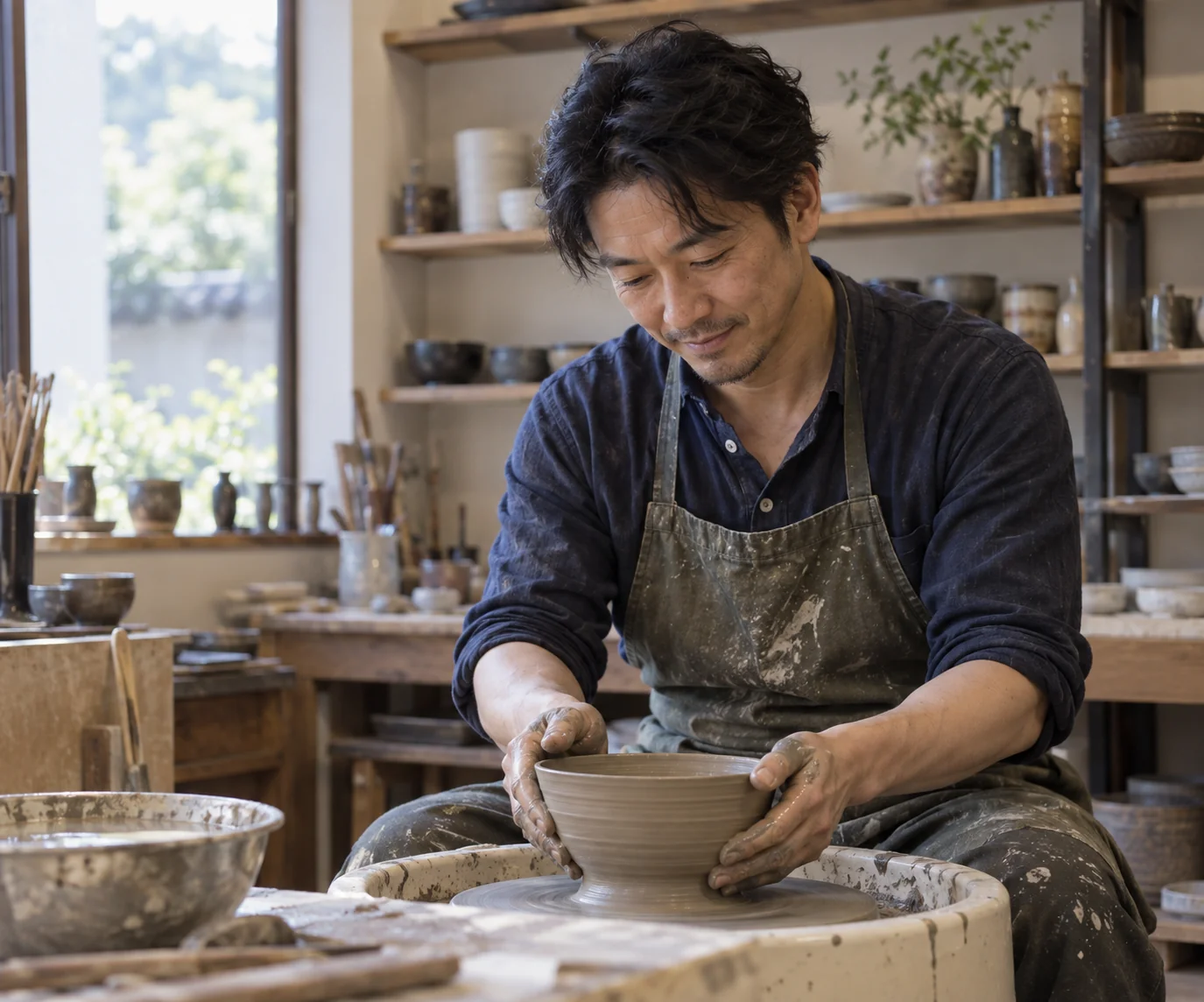 休日に陶芸に取り組み、自分の時間を楽しむ日本人男性