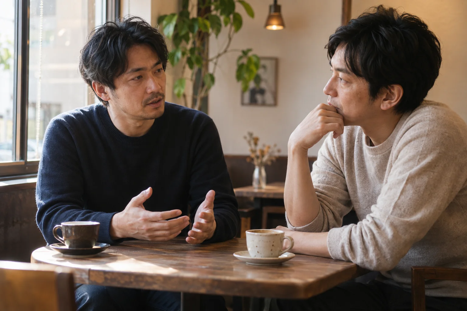 信頼できる友人と静かな店で自分の希望について話す男性