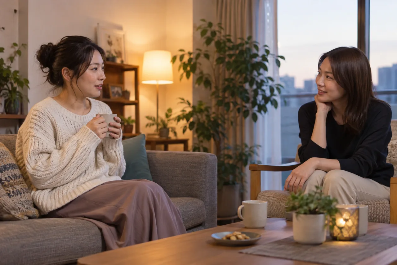 日本人女性が信頼できる女性の友人と安全な距離で相談している
