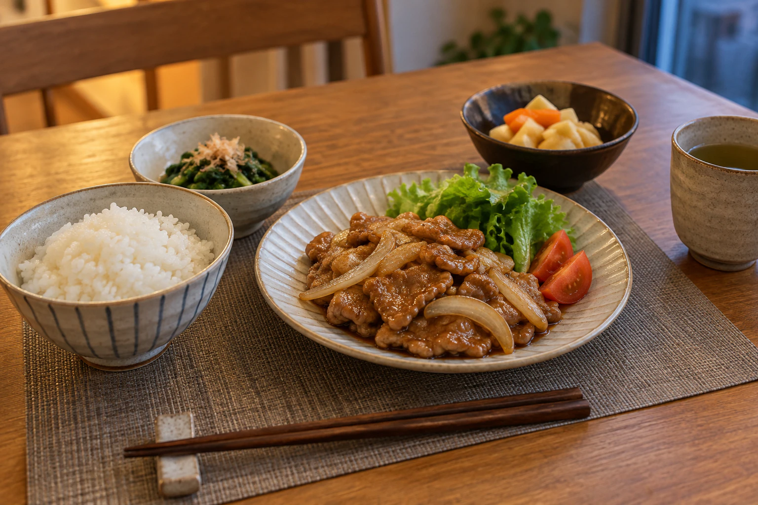 作り置きの主菜を一食分にし、食べる日に副菜や汁物を選んで組み合わせを変える場面