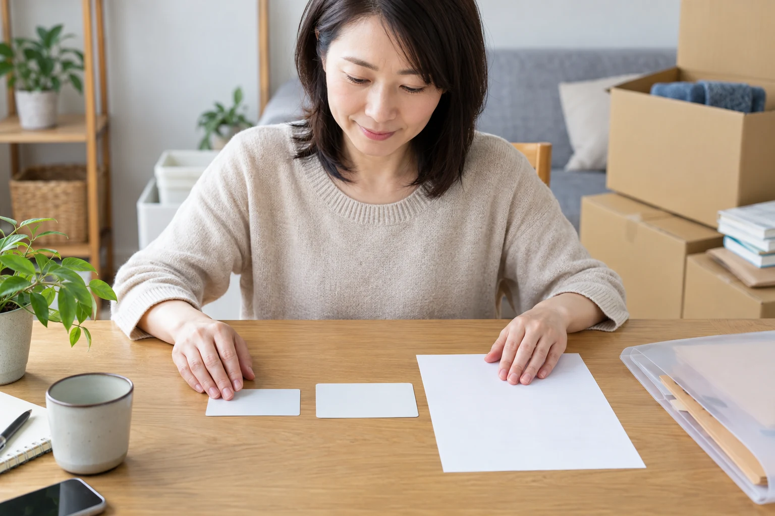 日本人女性が免許証の住所変更に必要な書類を並べる