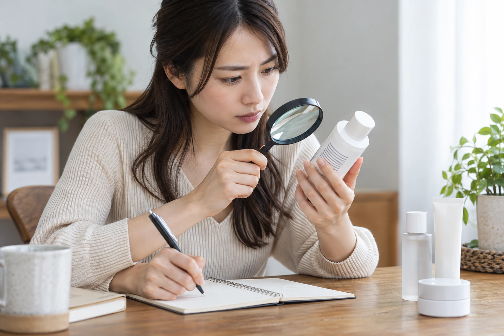 無地の化粧品容器を虫眼鏡で確認する女性