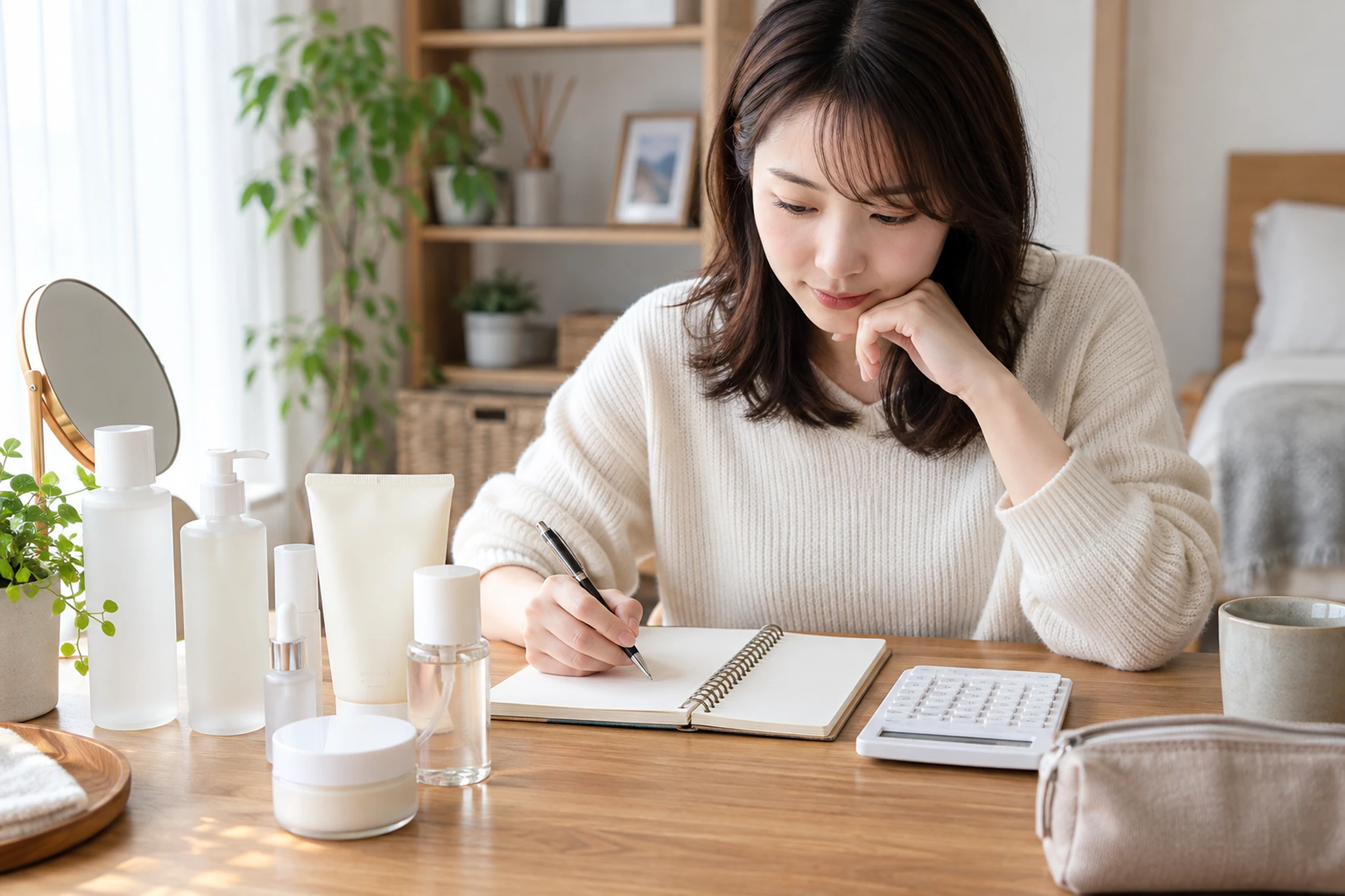 スキンケアの購入金額と使用期間をノートで計算する女性