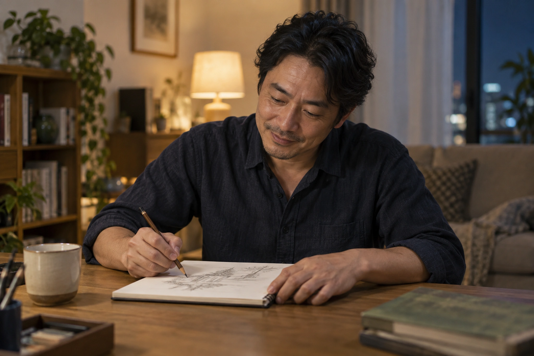平日の短い時間にスケッチを楽しむ男性