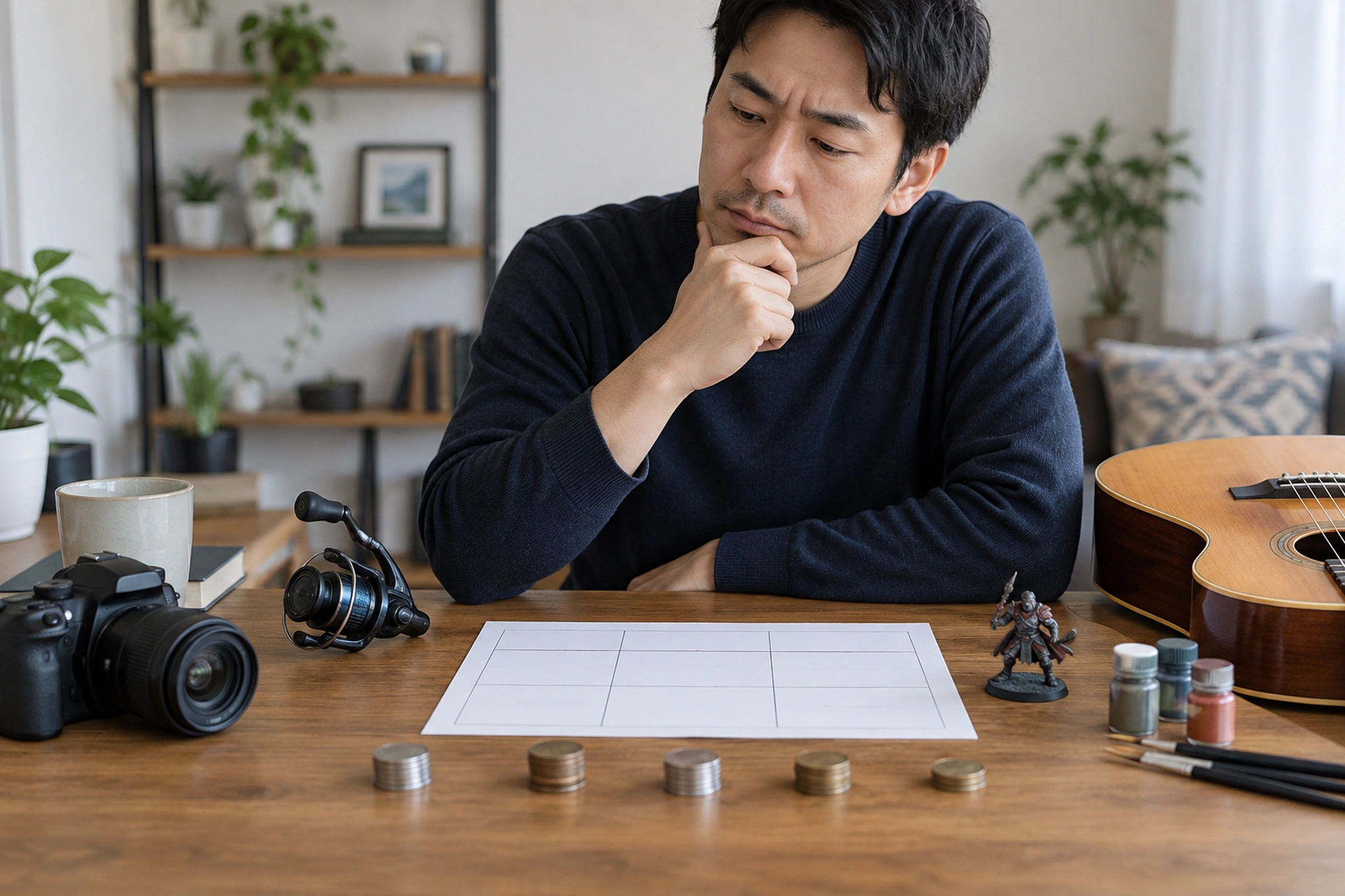 趣味の候補と費用を比較する男性