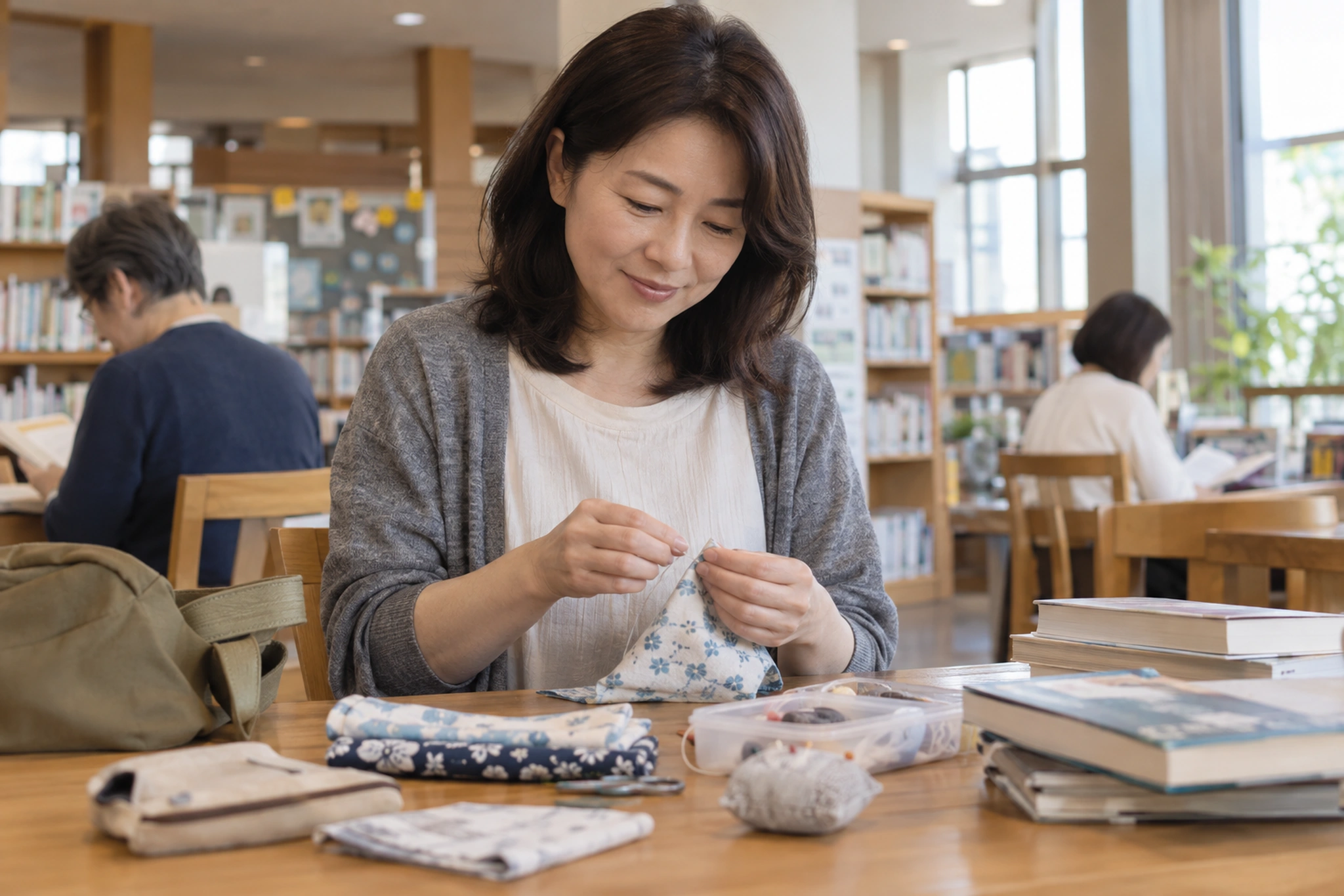図書館のような公共の場で低コストの趣味を始める女性
