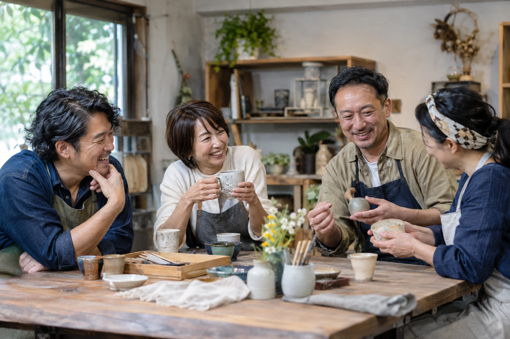 趣味の活動で仲間と交流する40代