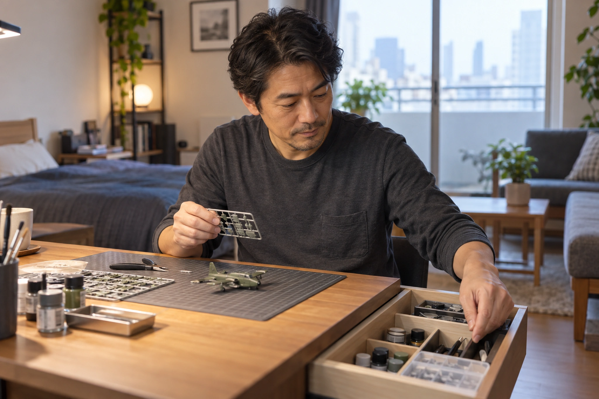 趣味の道具を使いやすく整理する男性