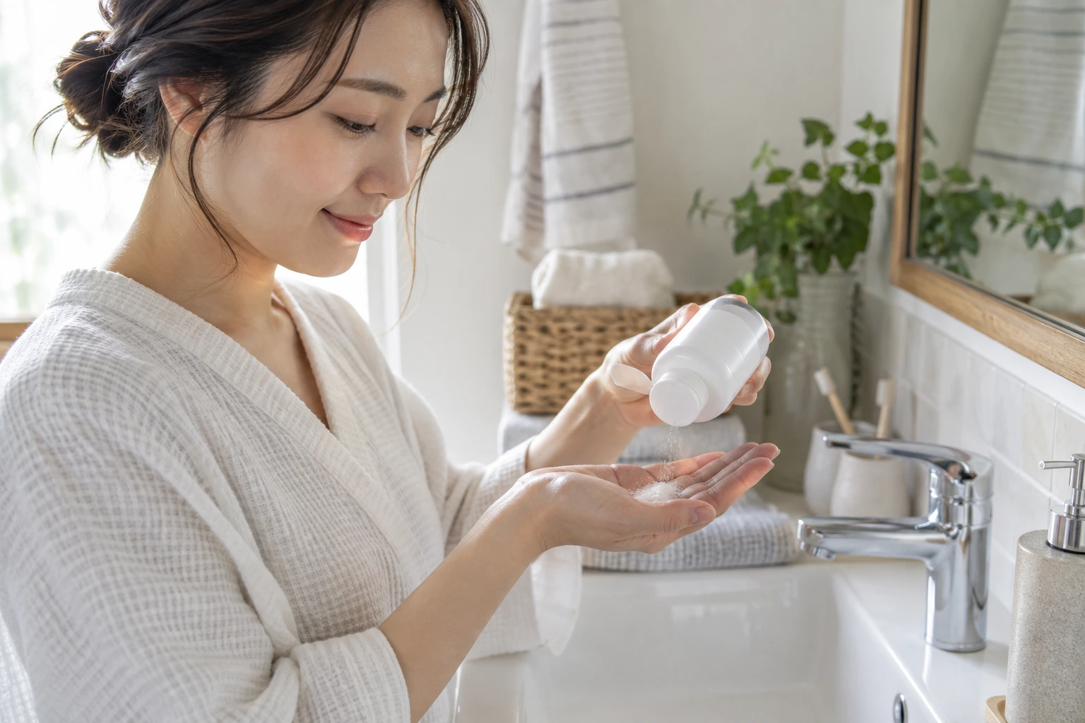 酵素洗顔の量を手のひらで確認する女性