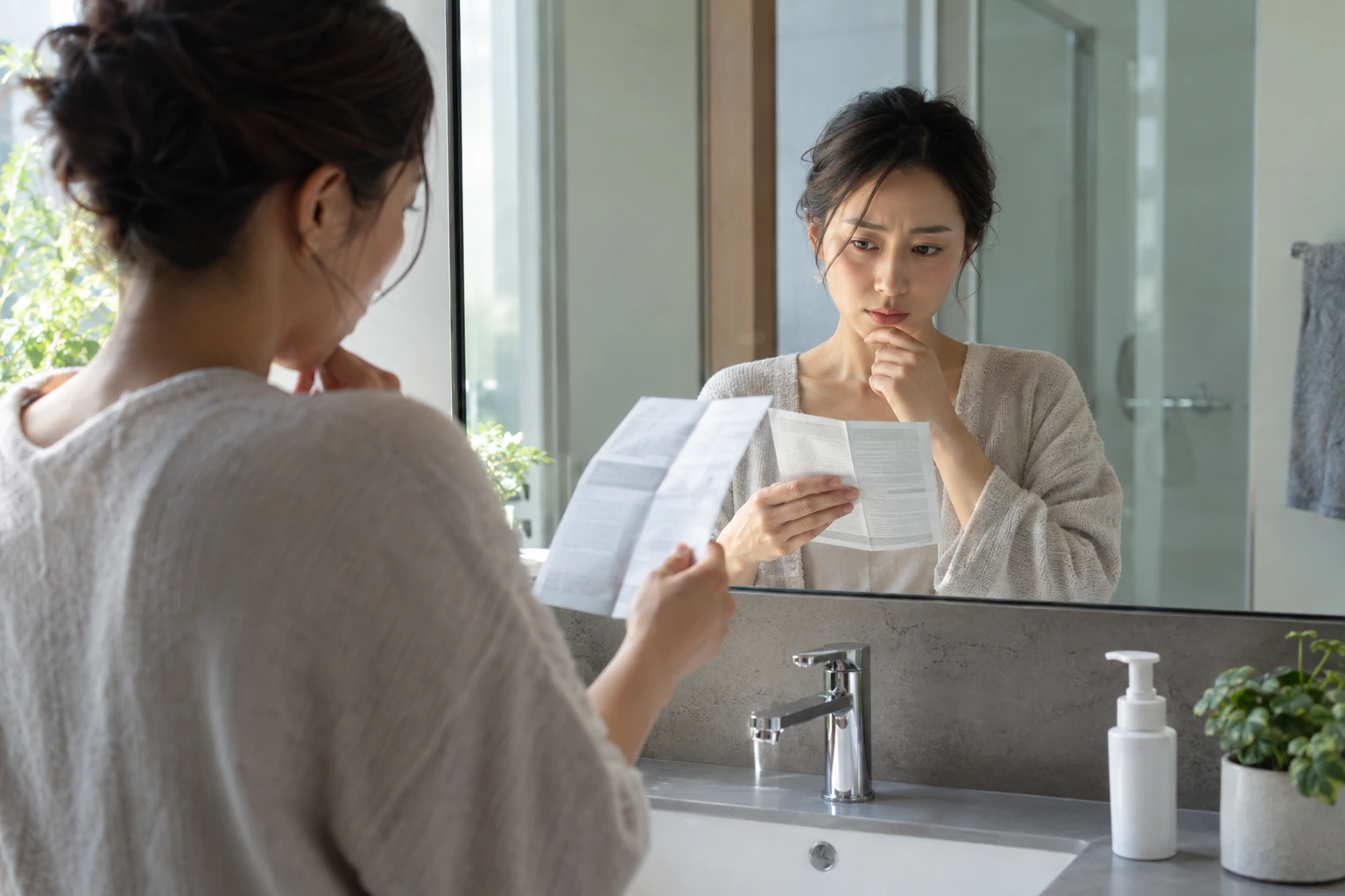 酵素洗顔と保湿の順番を洗面台で確認する女性