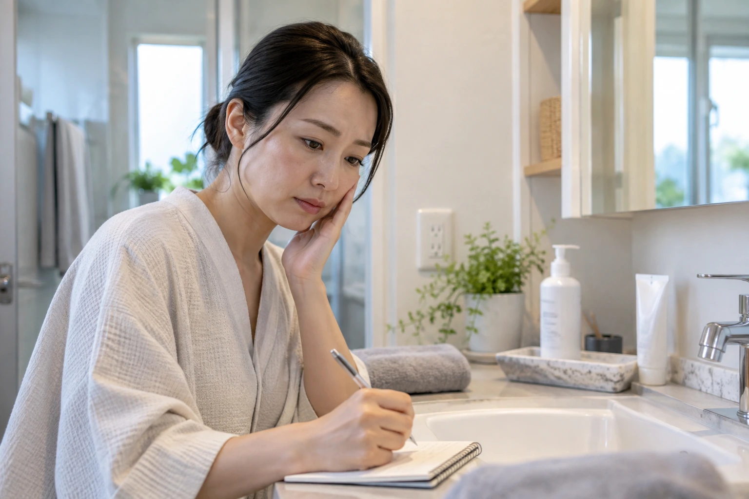 酵素洗顔を続けるか相談するためメモを取る女性