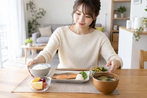 惣菜で一人の食事を整える女性