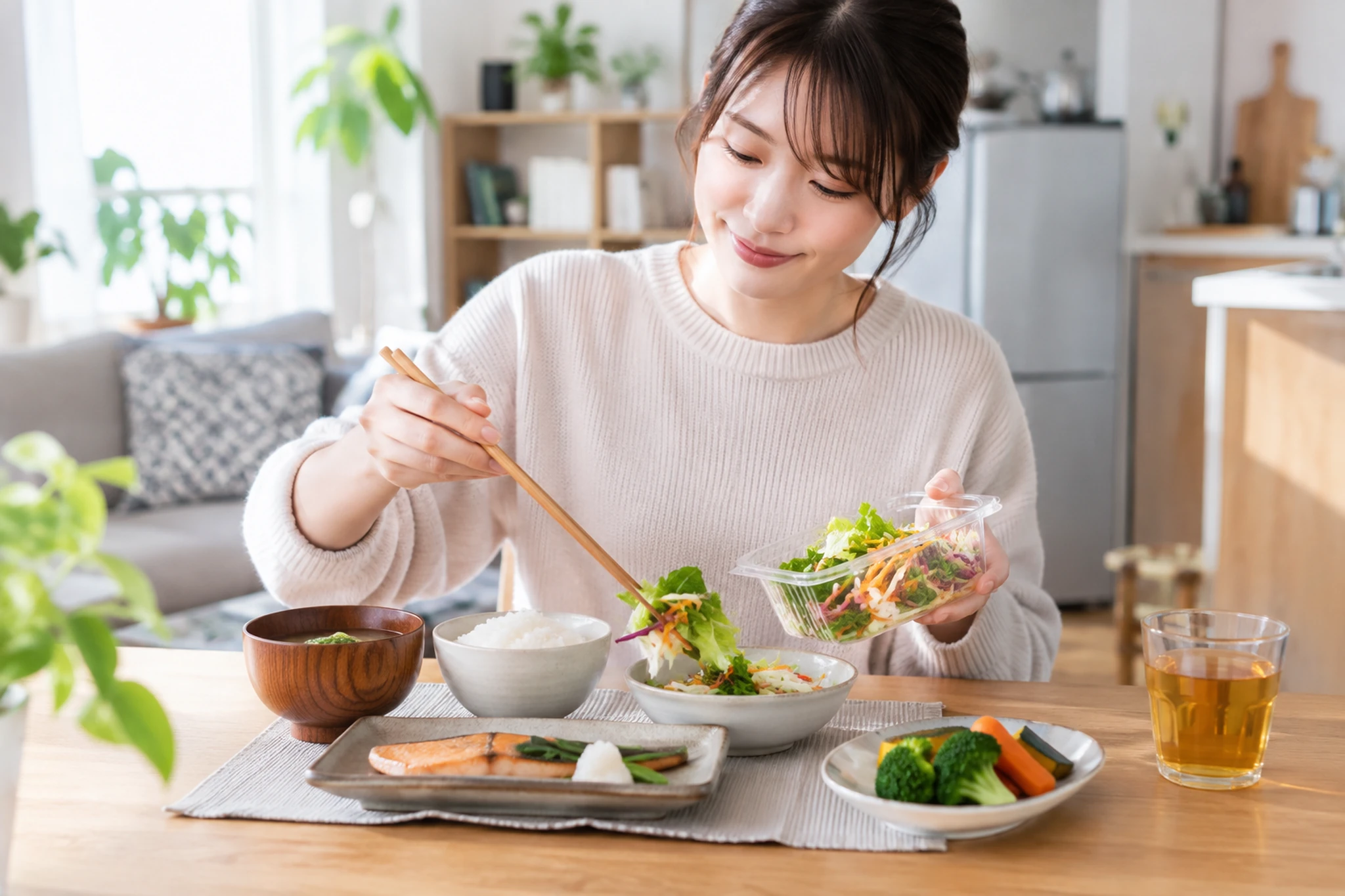 野菜の副菜を惣菜に一品足す食卓